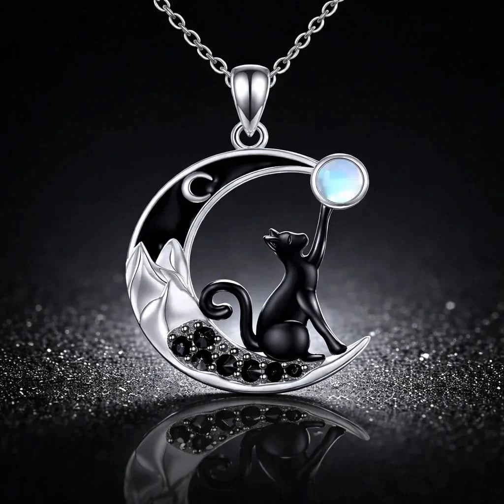 Black Cat Crescent Moon Crystal Necklace