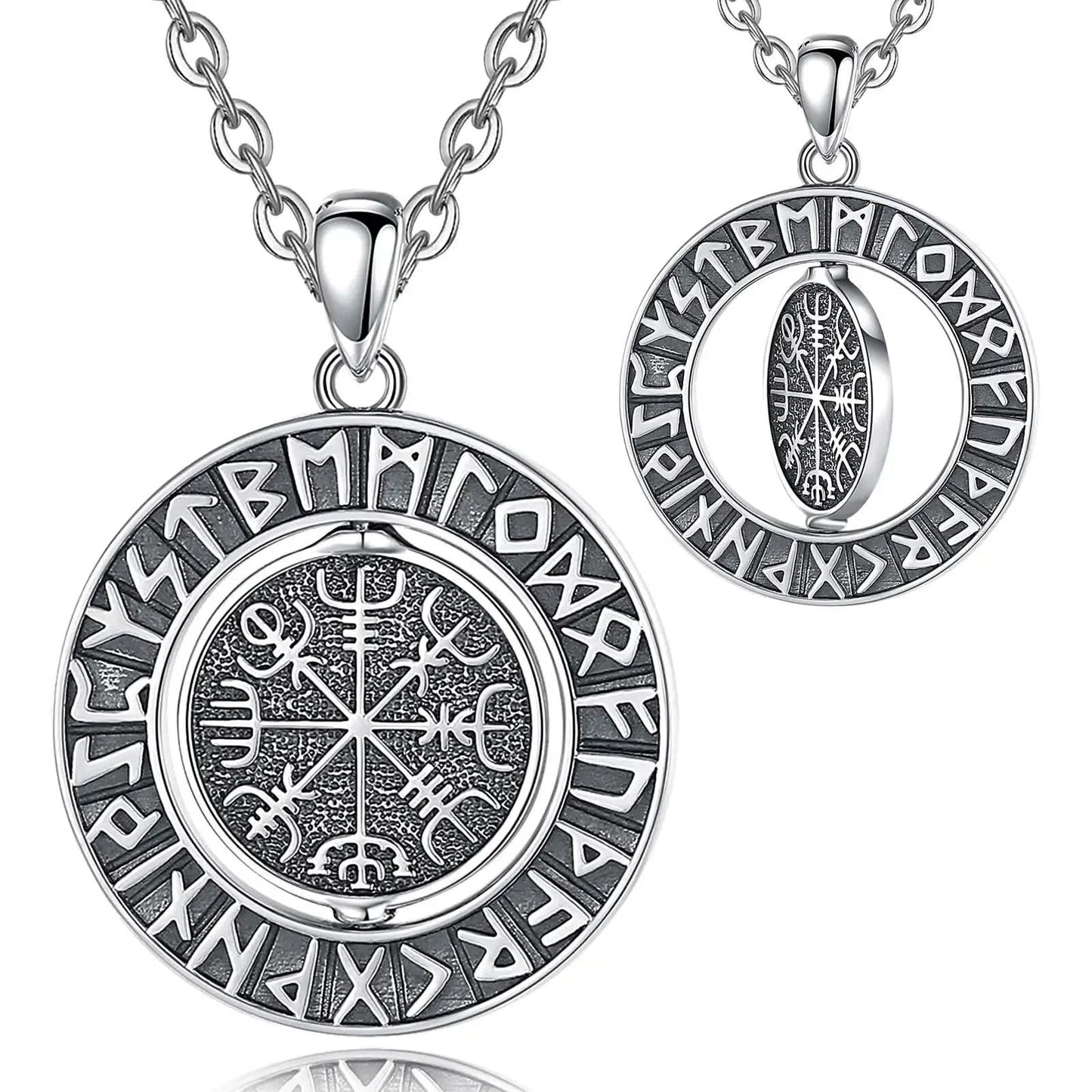 Rotating Valknut and Vegvisir 925 Sterling Silver Necklace