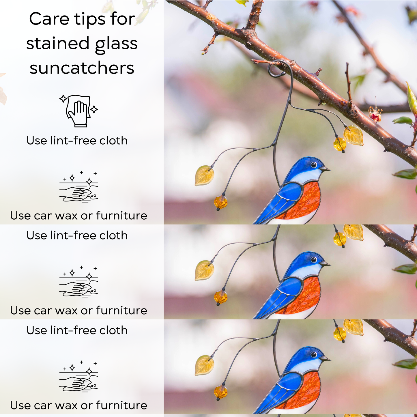 A stained glass bluebird suncatcher is shown with tips for care: use lint-free cloth, polish joints, avoid harsh chemicals and windy places.