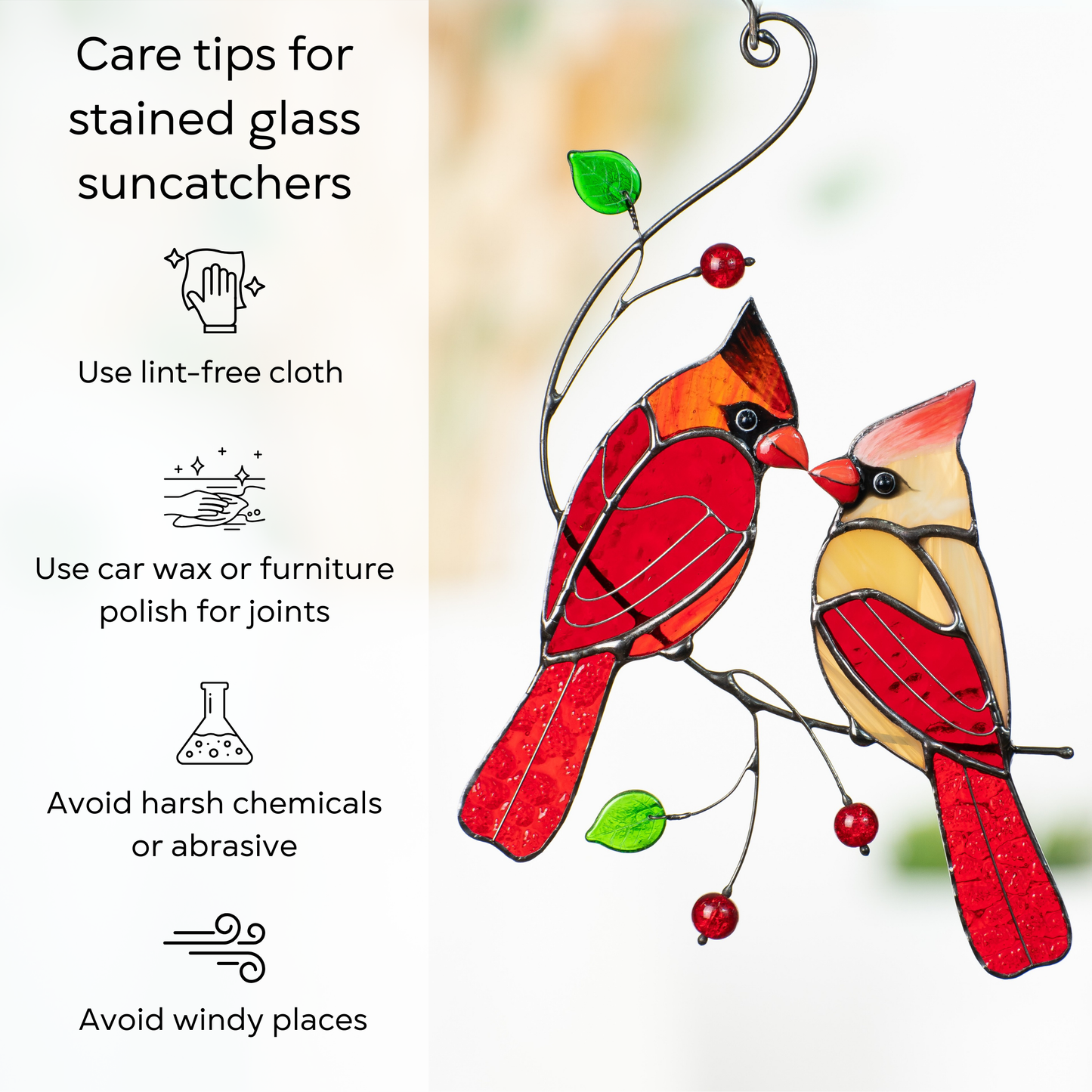 Maintain your stained glass cardinal suncatcher with easy care tips – perfect for any window space.