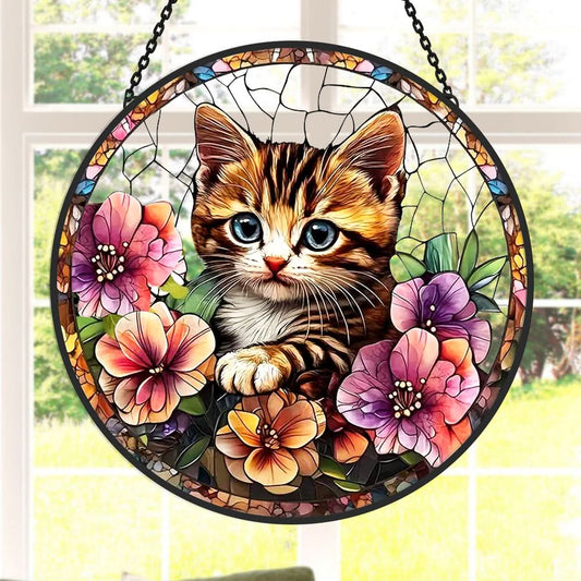 Cute Cat and Flowers Sun Catcher Decoration Stained Glass Window Hanging