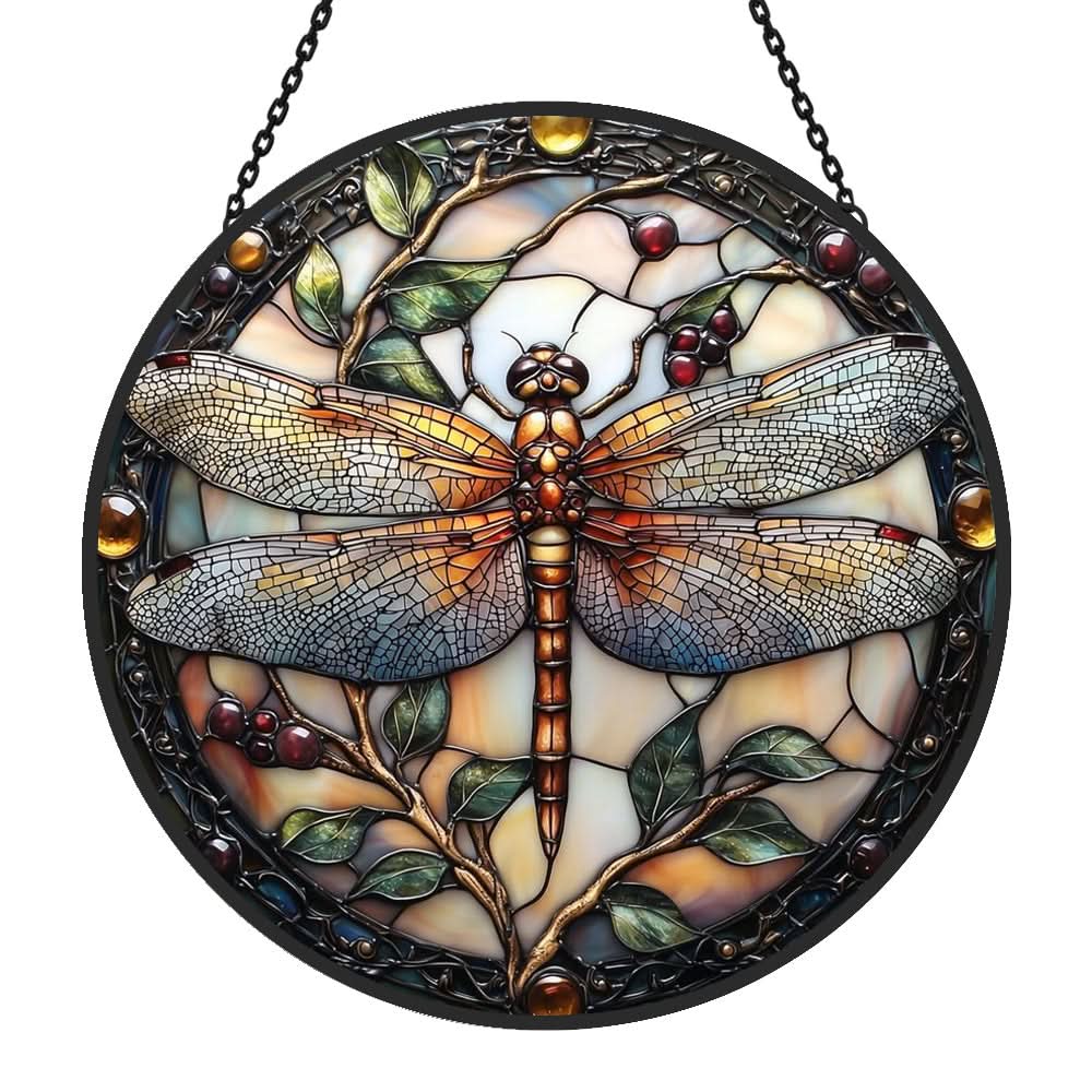 Dragonfly Plant Sun Catcher Decoration Stained Glass Window Hanging