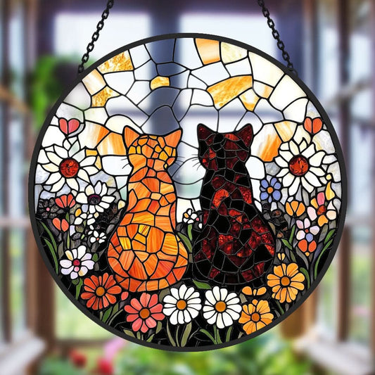 Two Cute Cats Sun Catcher Decoration Stained Glass Window Hanging