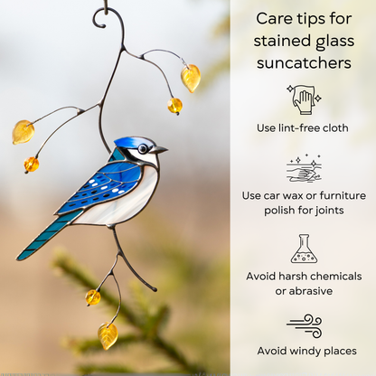 Realistic Blue Jay on a Branch Stained Glass Suncatcher