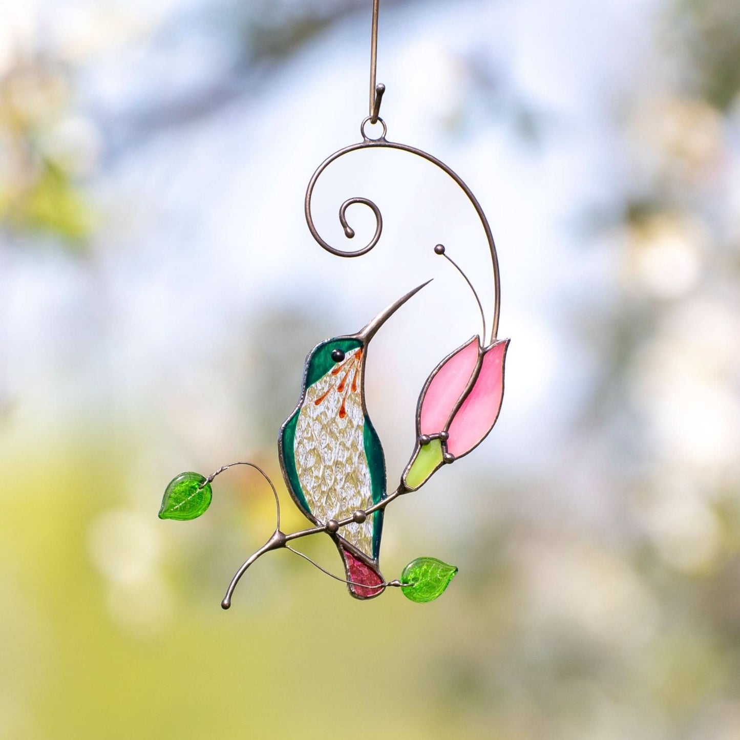 Hummingbird with Orange Flower Stained Glass Suncatcher