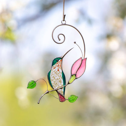 Hummingbird with Orange Flower Stained Glass Suncatcher