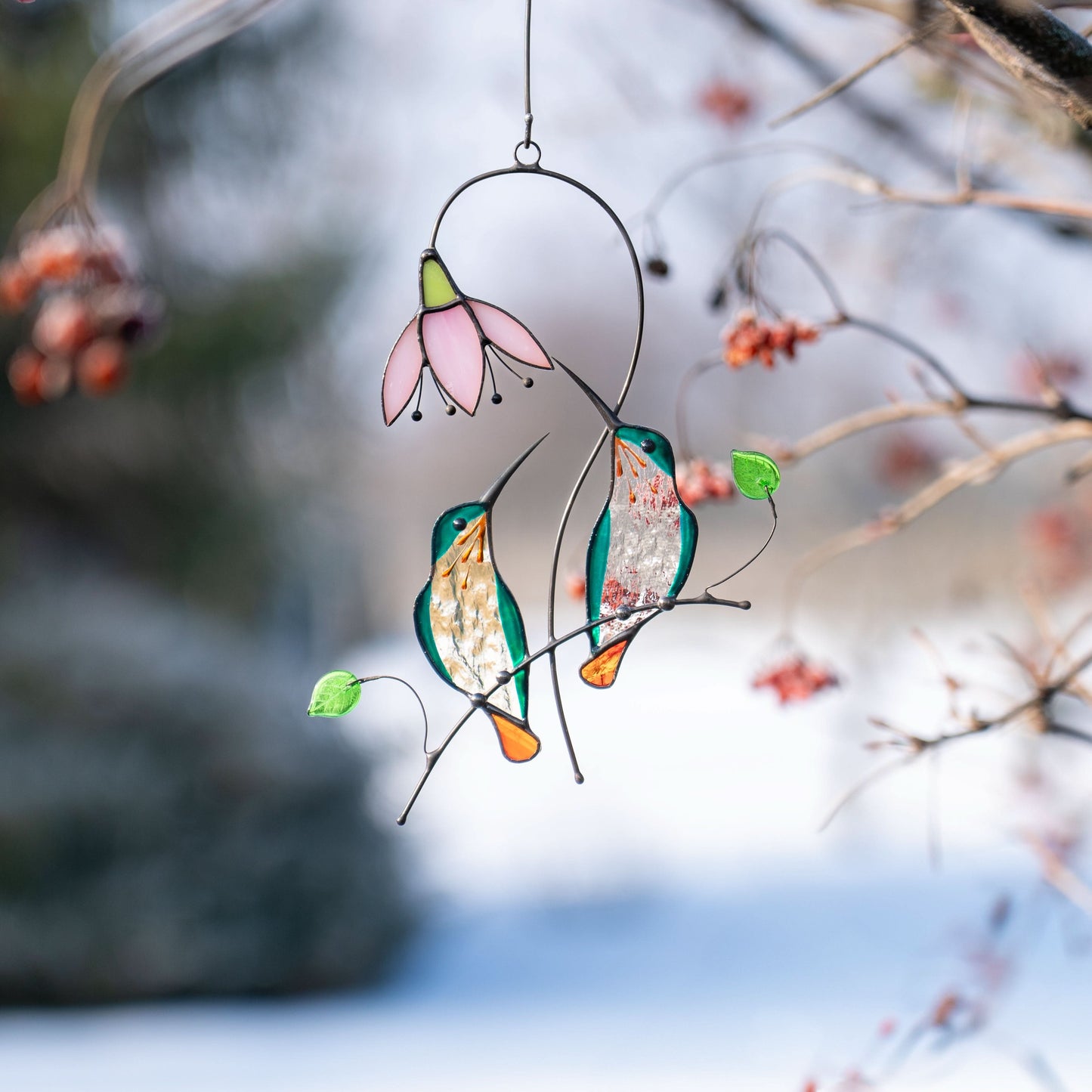 Pair of Green Hummingbirds Stained Glass Suncatcher