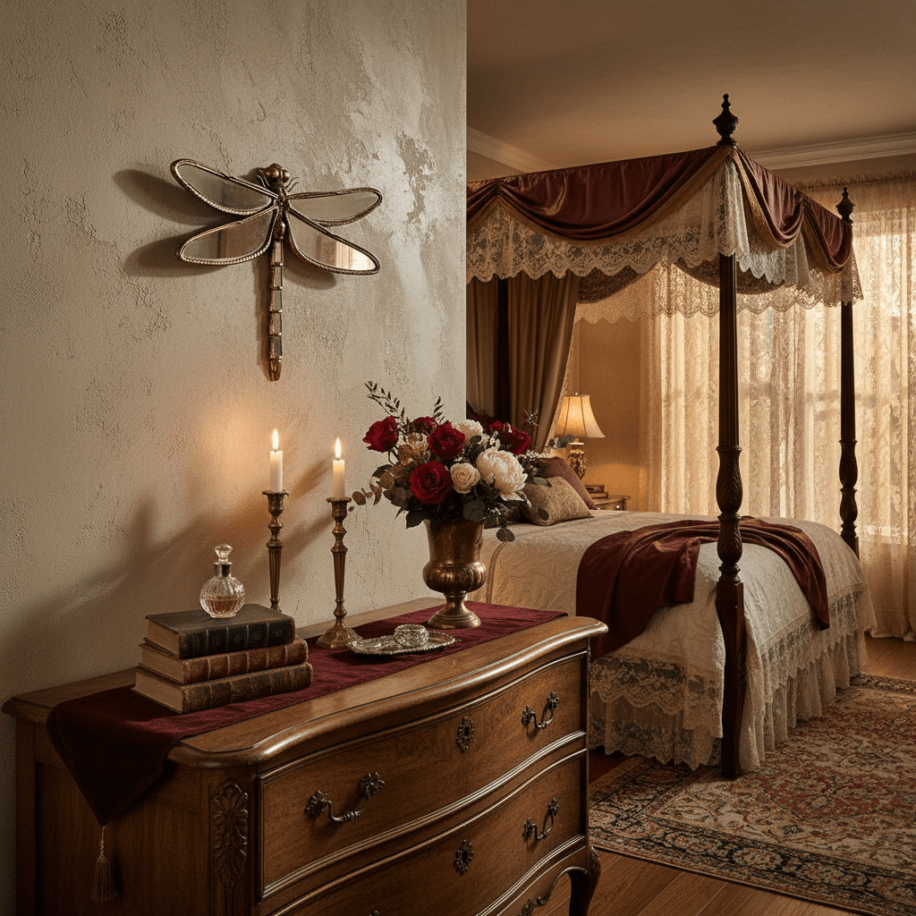 Vintage bedroom with wooden dresser, floral arrangement, and canopy bed. A dragonfly mirror hangs on the wall.