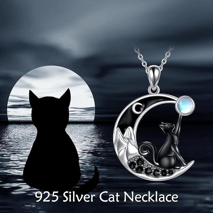 Black Cat Crystal Moon Necklace Moonstone Witchy Black Cat Necklace