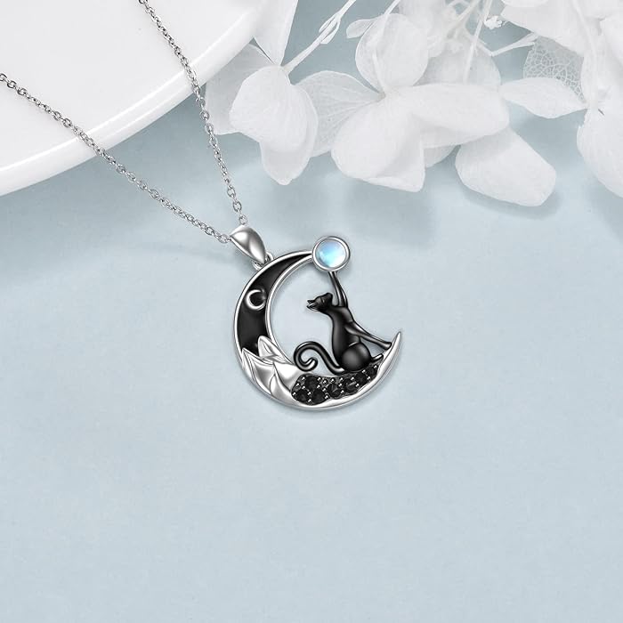Black Cat Crystal Moon Necklace Moonstone Witchy Black Cat Necklace