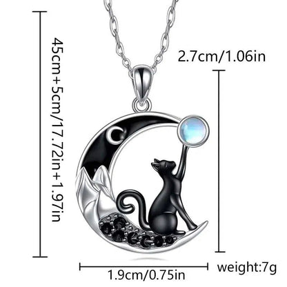 Black Cat Crystal Moon Necklace Moonstone Witchy Black Cat Necklace