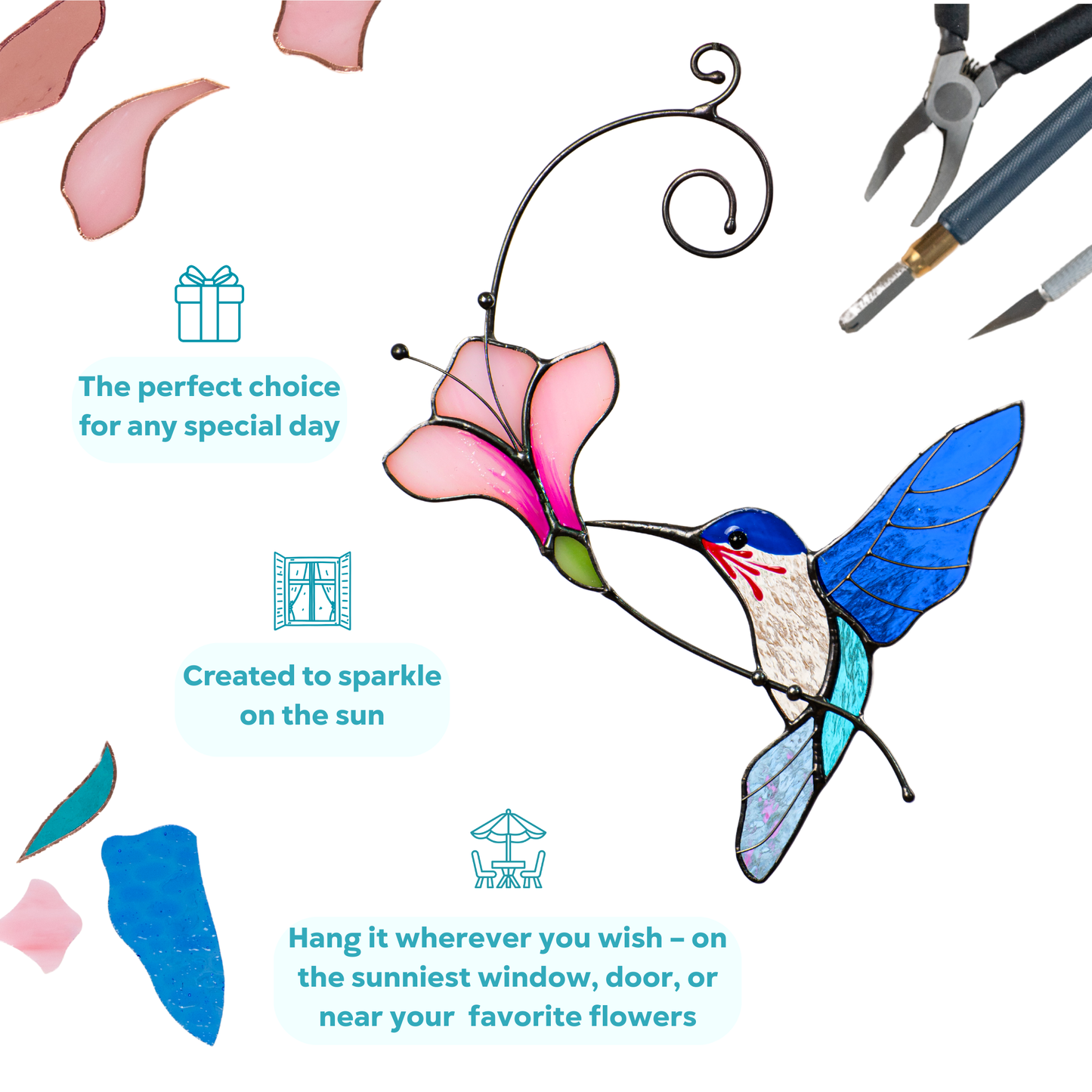 Stained glass hummingbird with pink flower as perfect choice for gift or home decor