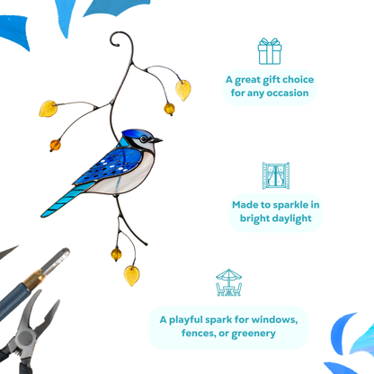 Infographic showing stained glass blue jay with messages: gift for any occasion, sparkles in daylight, accent for windows or greenery.
