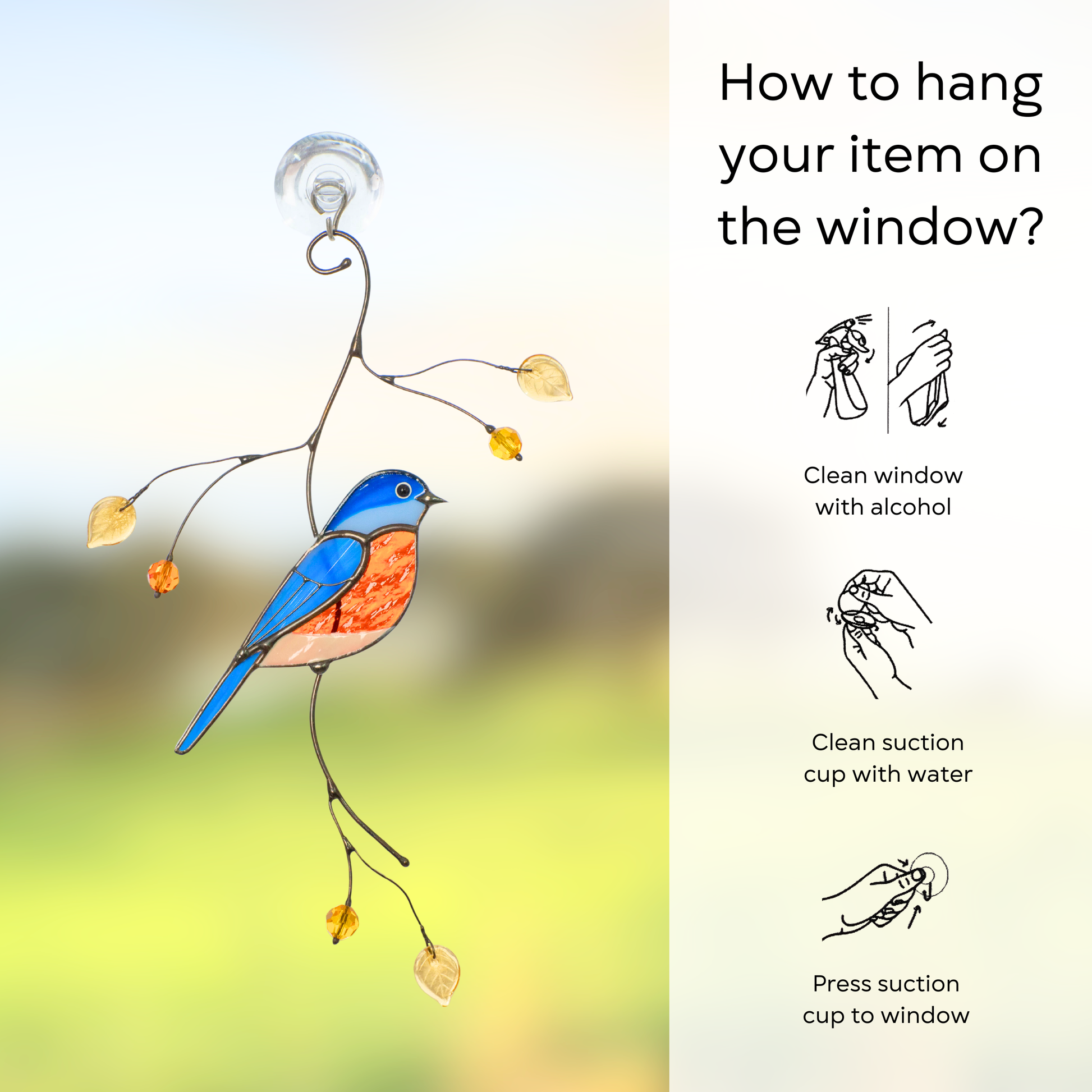 Instructions for hanging a stained glass bird on a window using a suction cup — clean glass and press to attach