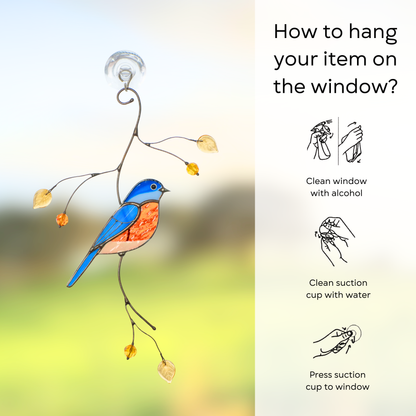 Instructions for hanging a stained glass bird on a window using a suction cup — clean glass and press to attach
