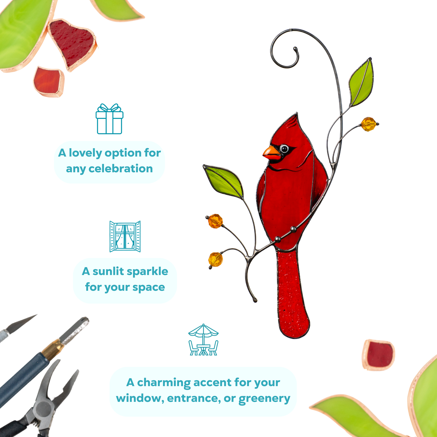 Stained glass cardinal is a charming accent for windows, with leaves and beads on elegant wire design.