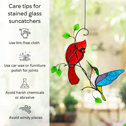 Hanging stained glass decor of cardinal and hummingbird with maintenance tips listed on the side.
