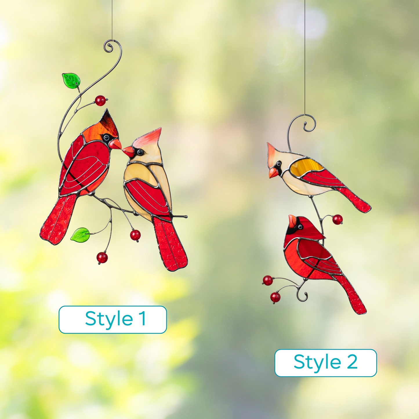 Side-by-side display of two stained glass cardinal couples, labeled Style 1 and Style 2, against a soft landscape