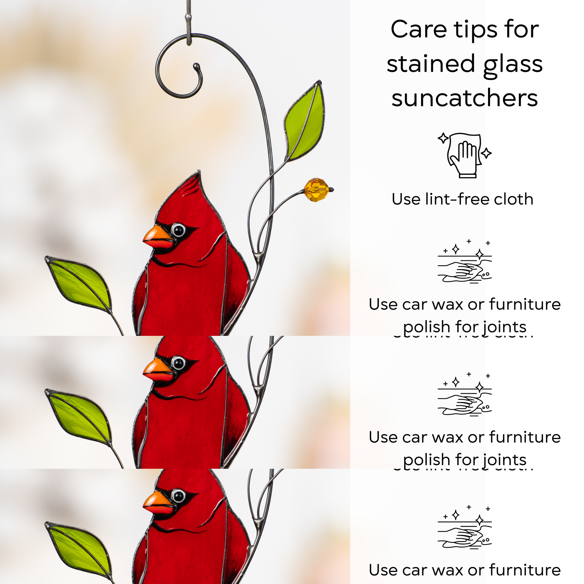 Infographic with care tips for stained glass suncatchers, highlighting safe cleaning and placement.