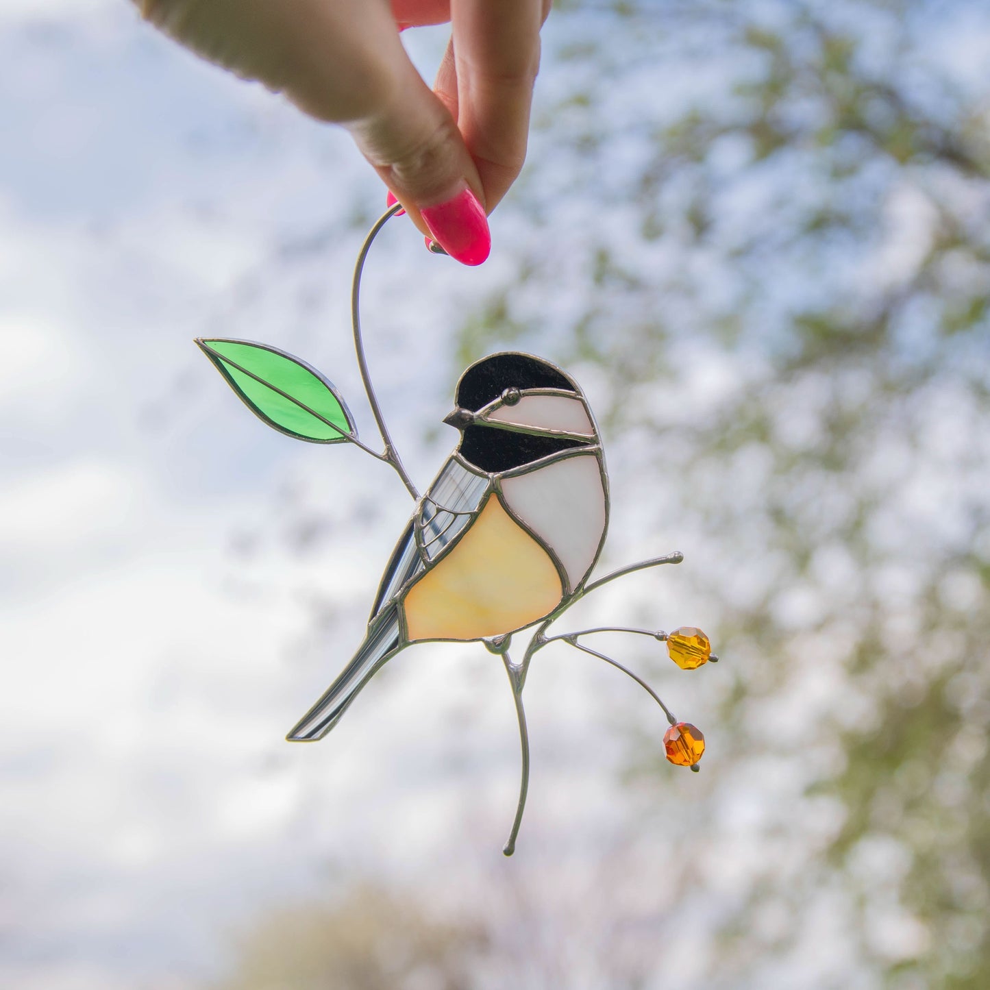 Chickadee with leaf and beads window hanging of stained glass