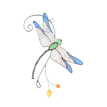 Dragonfly suncatcher with translucent wings and blue edges, green gem body, and amber and yellow bead accents.