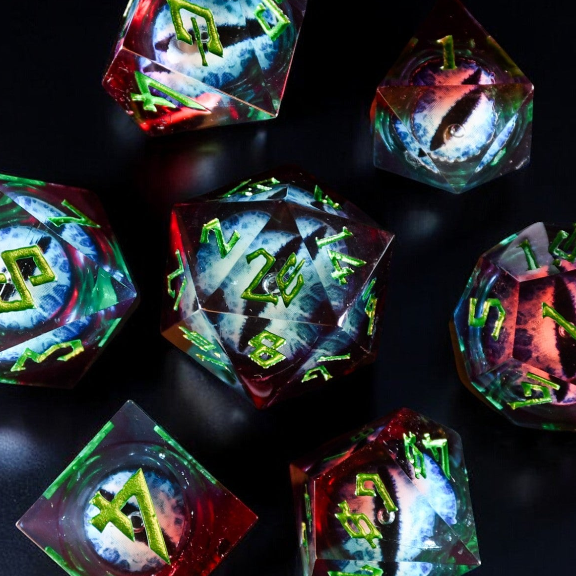 Colorful polyhedral dice with glowing green numbers on a dark background