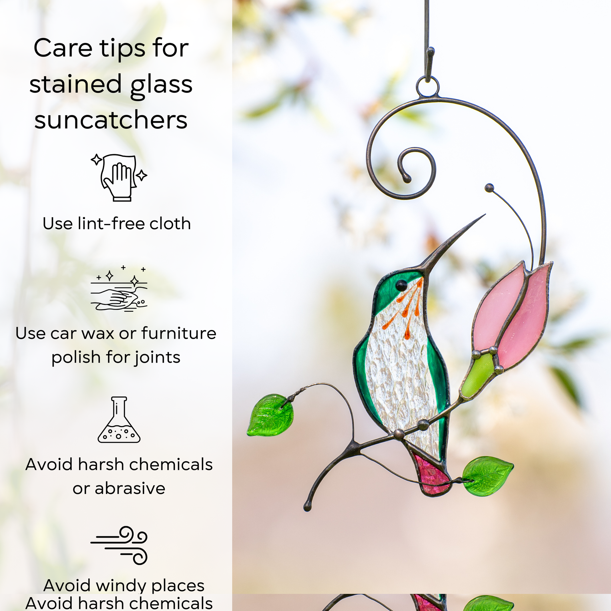 Emerald hummingbird with pink tail hanging with care tips beside: use lint-free cloth, polish joints with car wax or furniture polish, avoid harsh chemicals, and windy places.