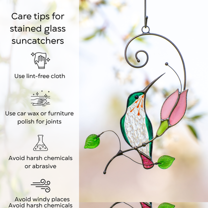 Emerald hummingbird with pink tail hanging with care tips beside: use lint-free cloth, polish joints with car wax or furniture polish, avoid harsh chemicals, and windy places.