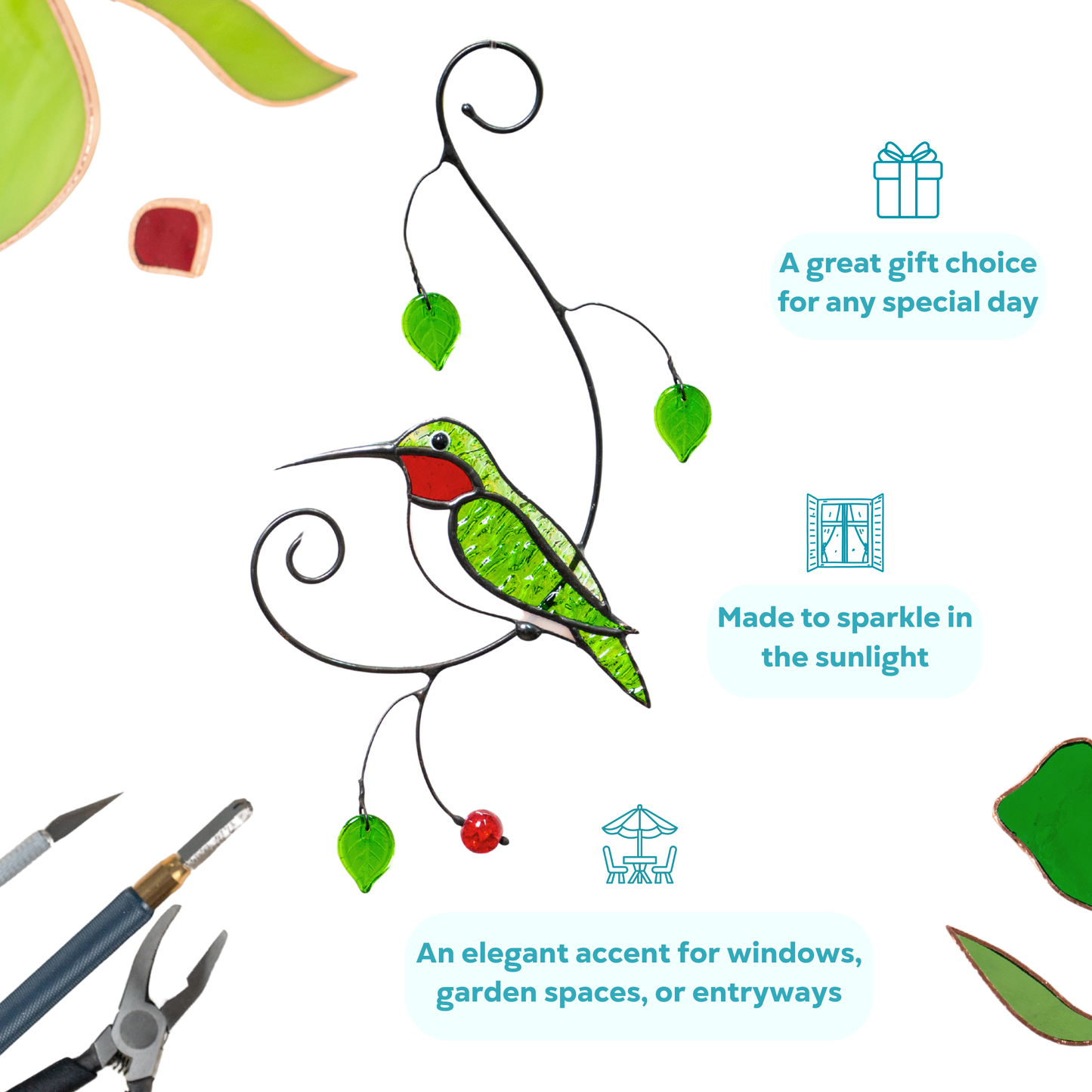 Decorative glass bird in product infographic with tools