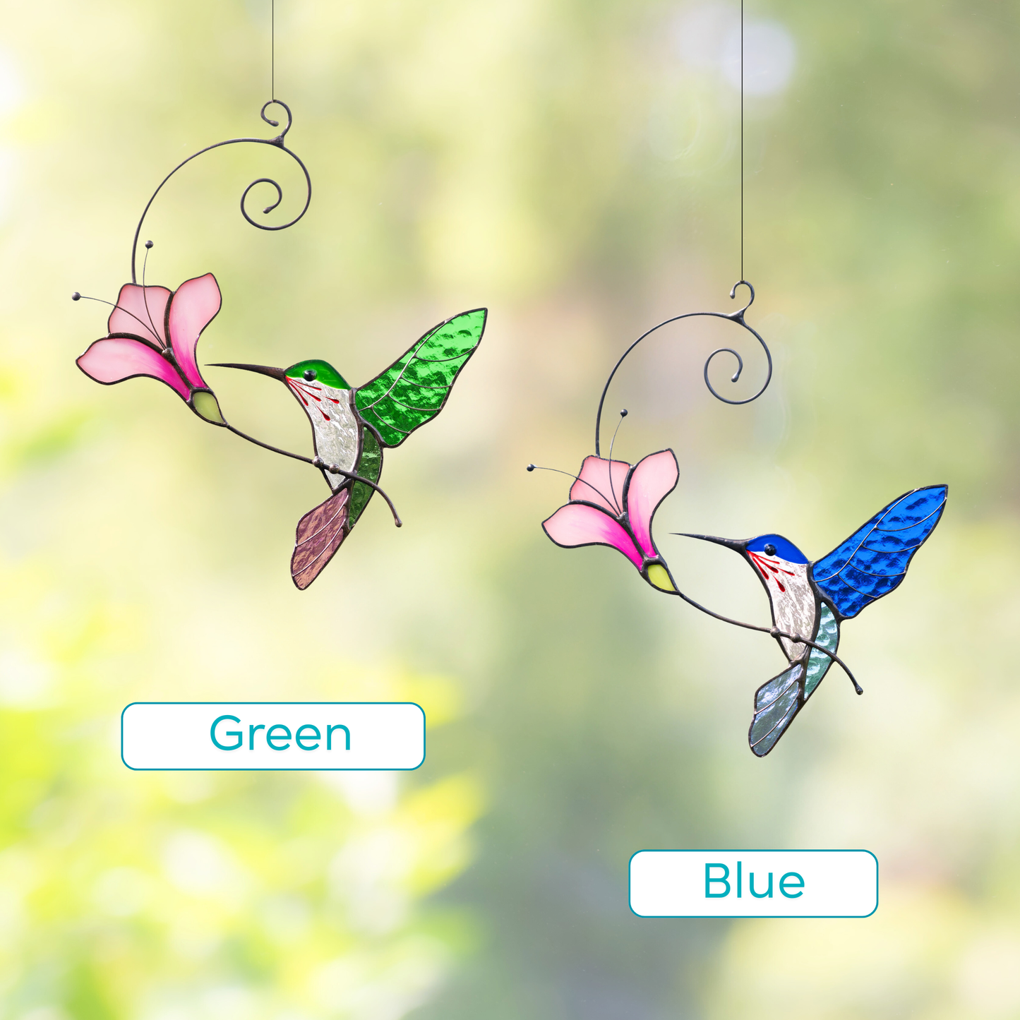 Variation of two stained glass hummingbirds in blue and green colors