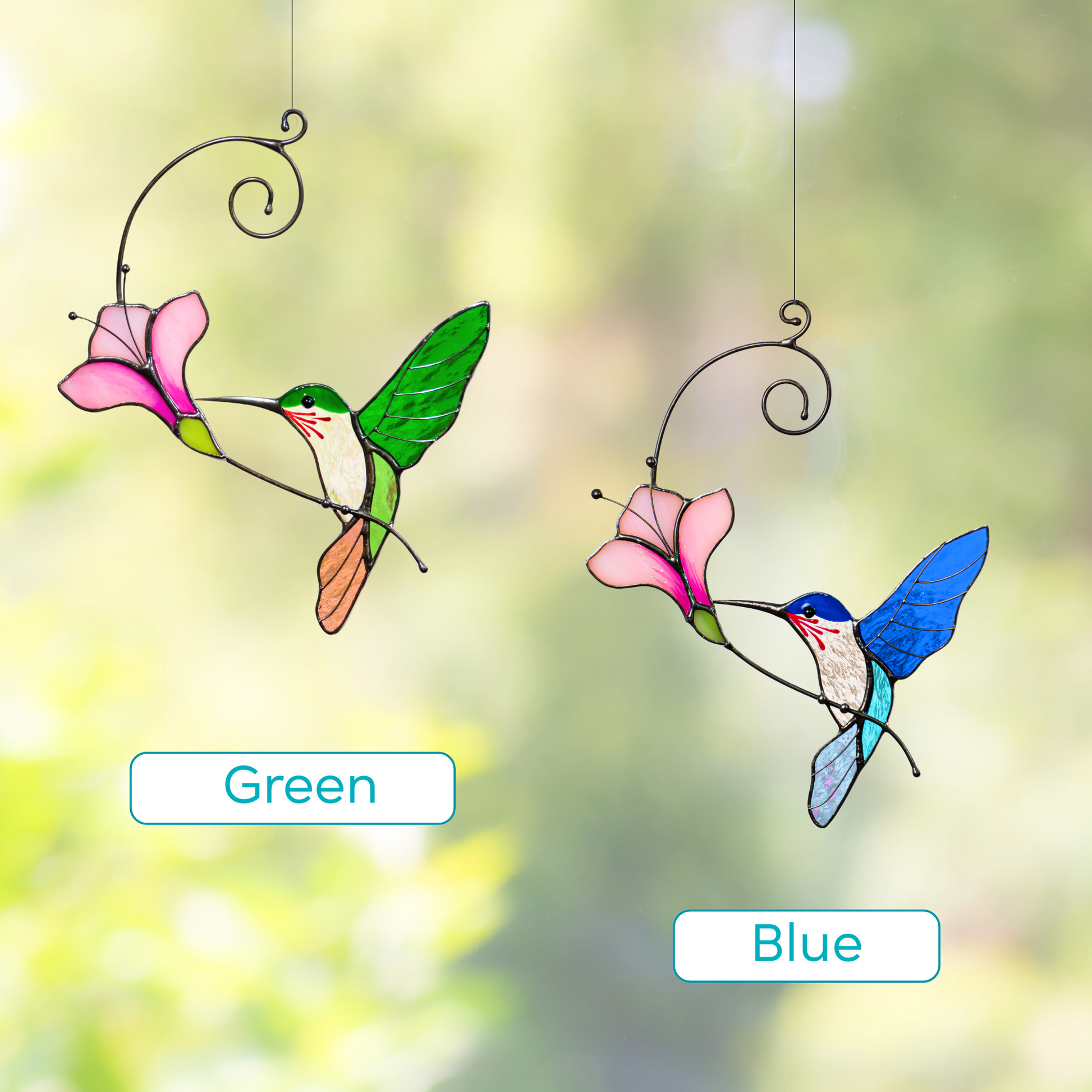 Variation of two stained glass hummingbirds in blue and green colors