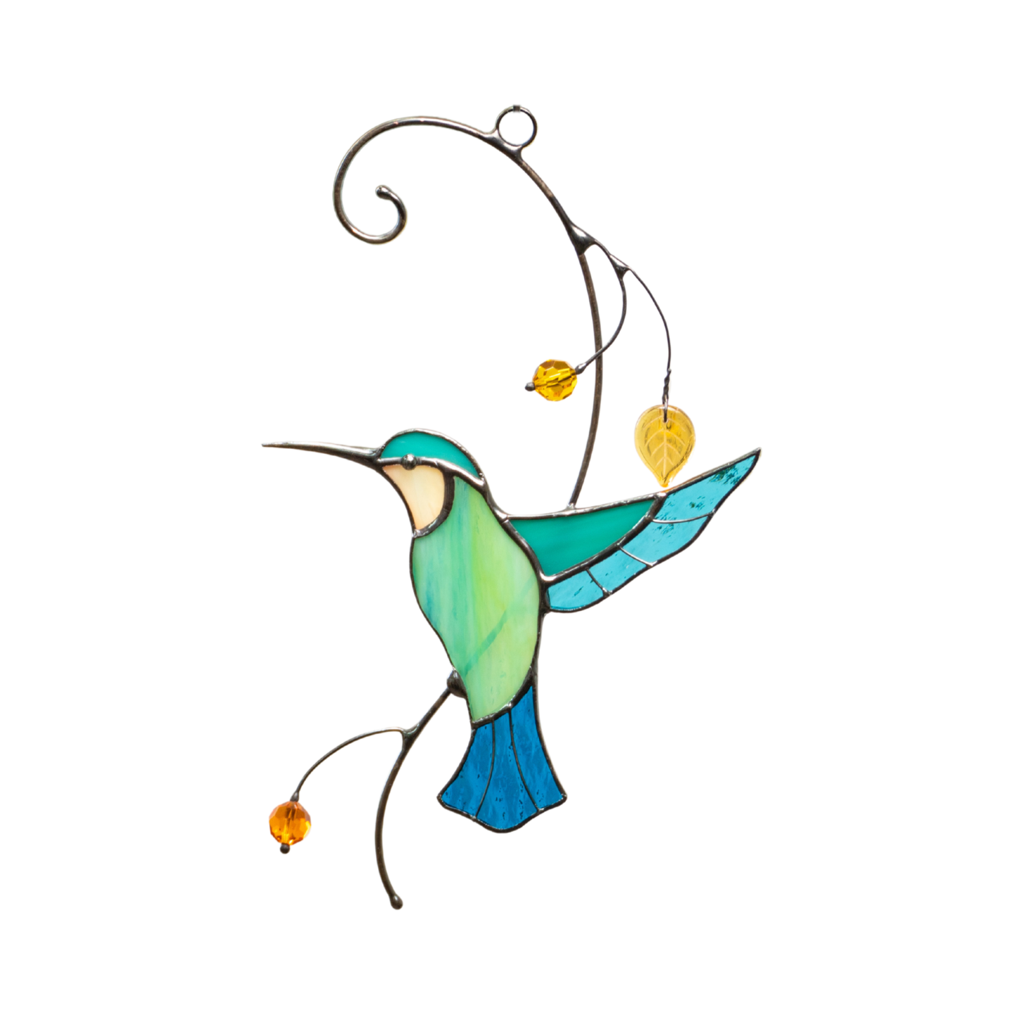 Delicate stained glass hummingbird with vibrant colors and beads