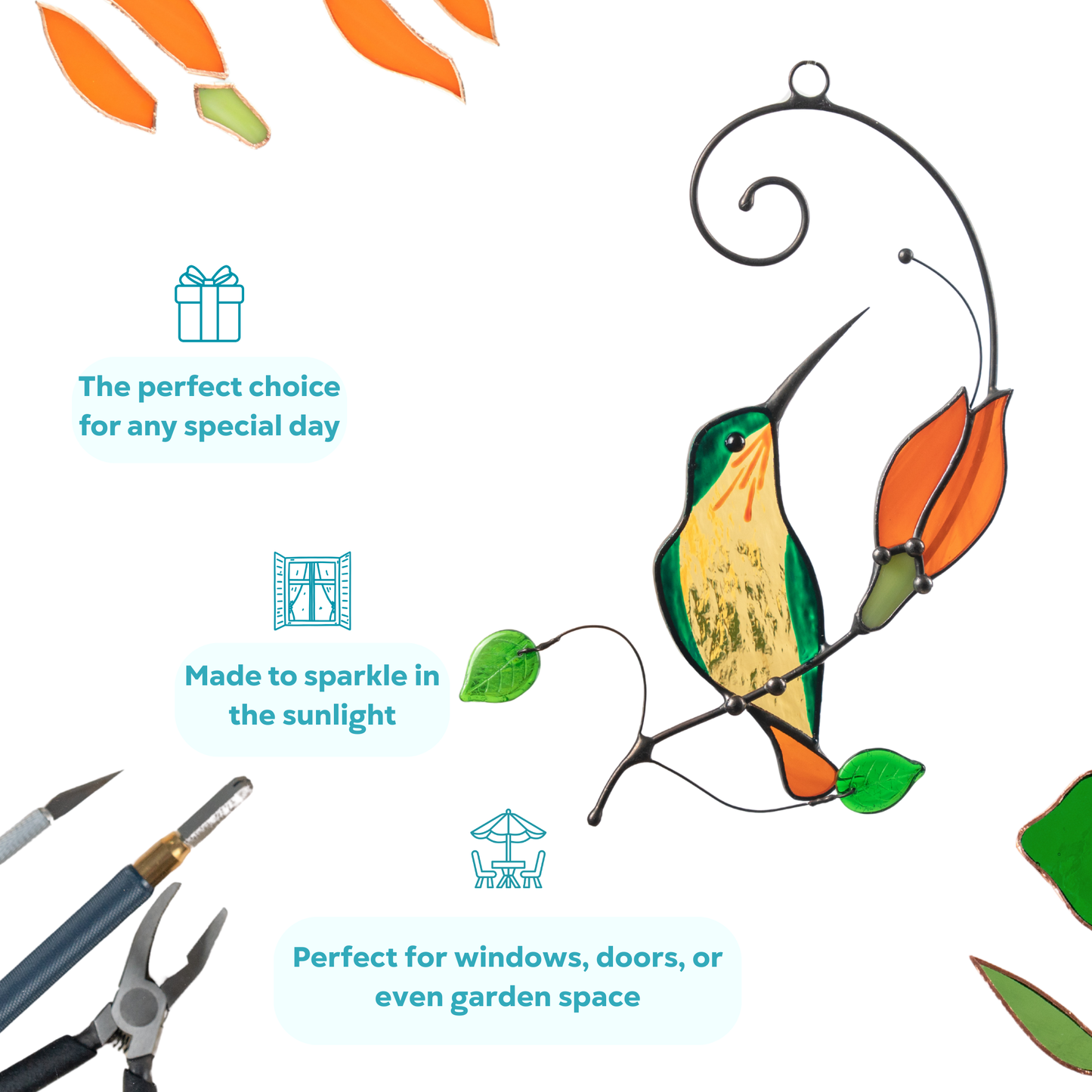 Stained glass hummingbird with orange flower, surrounded by tools, perfect gift for any occasion