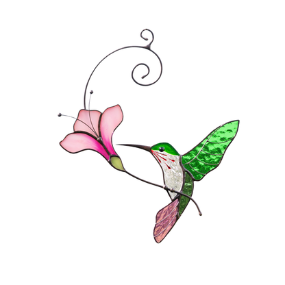 Stained glass green hummingbird with pink flower  suncatcher