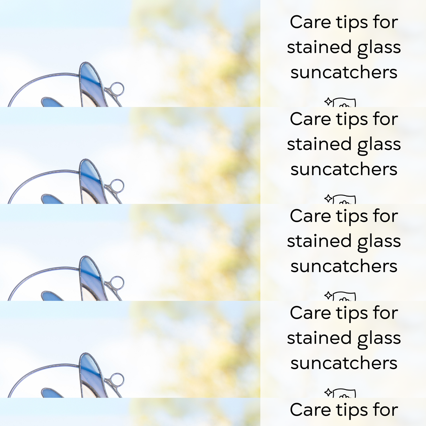 A person holding a stained glass dragonfly while care instructions for cleaning and preserving it are shown: use lint-free cloth, use wax polish for joints, no harsh cleaners, avoid wind.