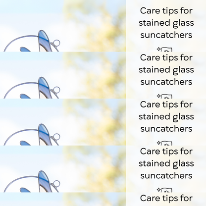 A person holding a stained glass dragonfly while care instructions for cleaning and preserving it are shown: use lint-free cloth, use wax polish for joints, no harsh cleaners, avoid wind.