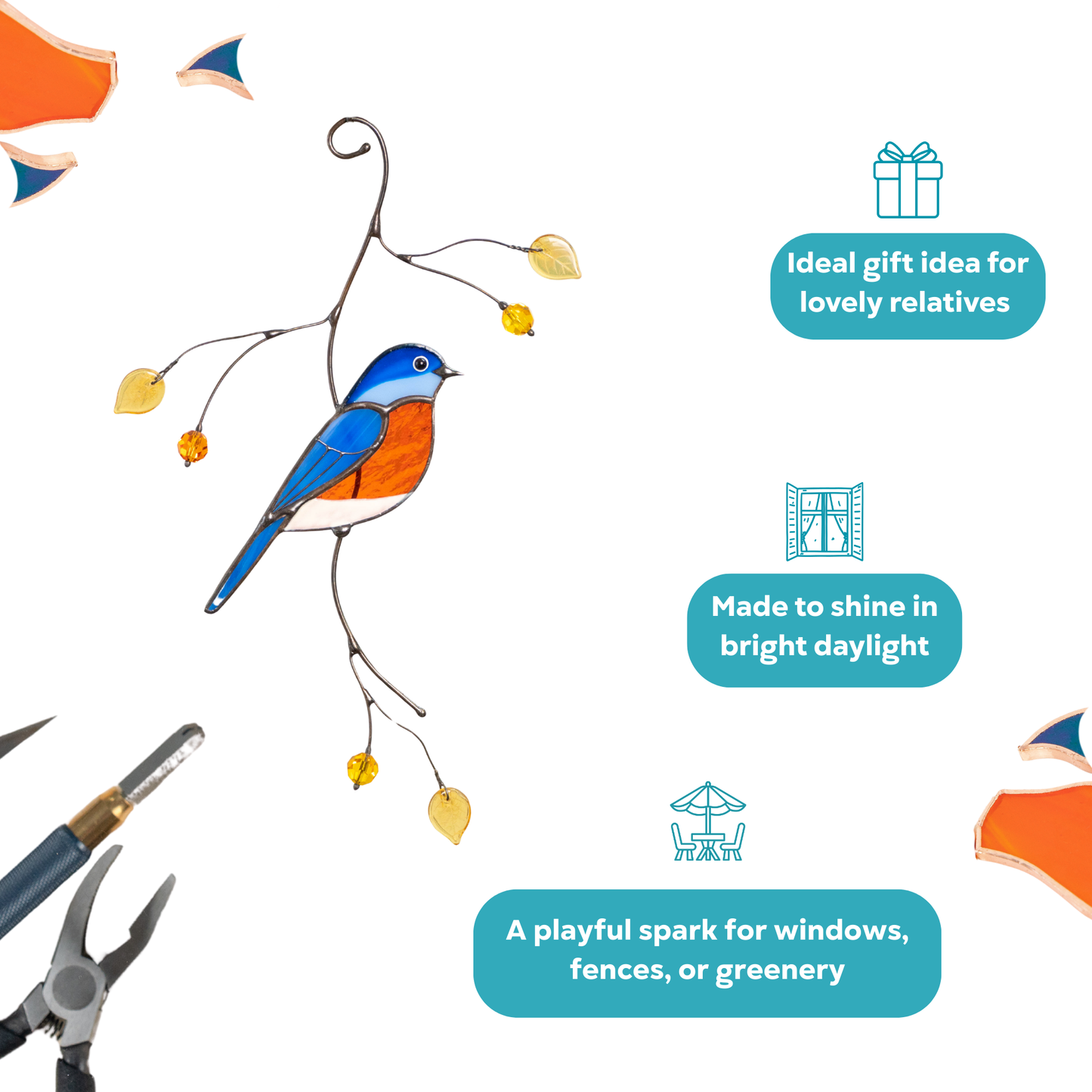 Stained glass bird is an ideal gift for lovely relatives and perfect for windows or greenery.