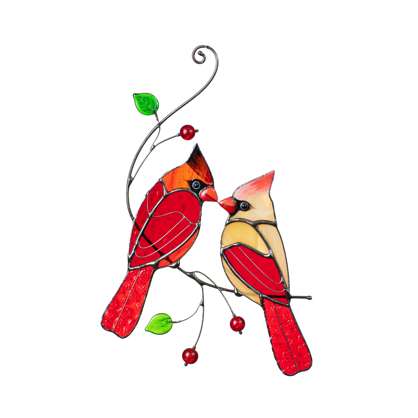 Stained glass suncatcher featuring a pir of red cardinals sitting on the branch