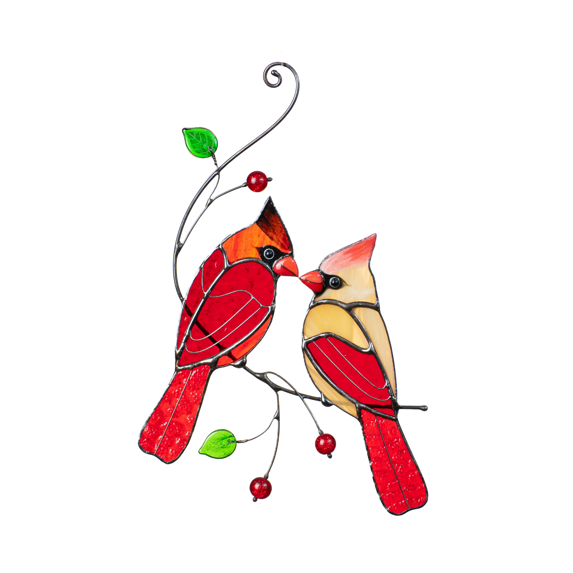 Stained glass suncatcher featuring a pir of red cardinals sitting on the branch