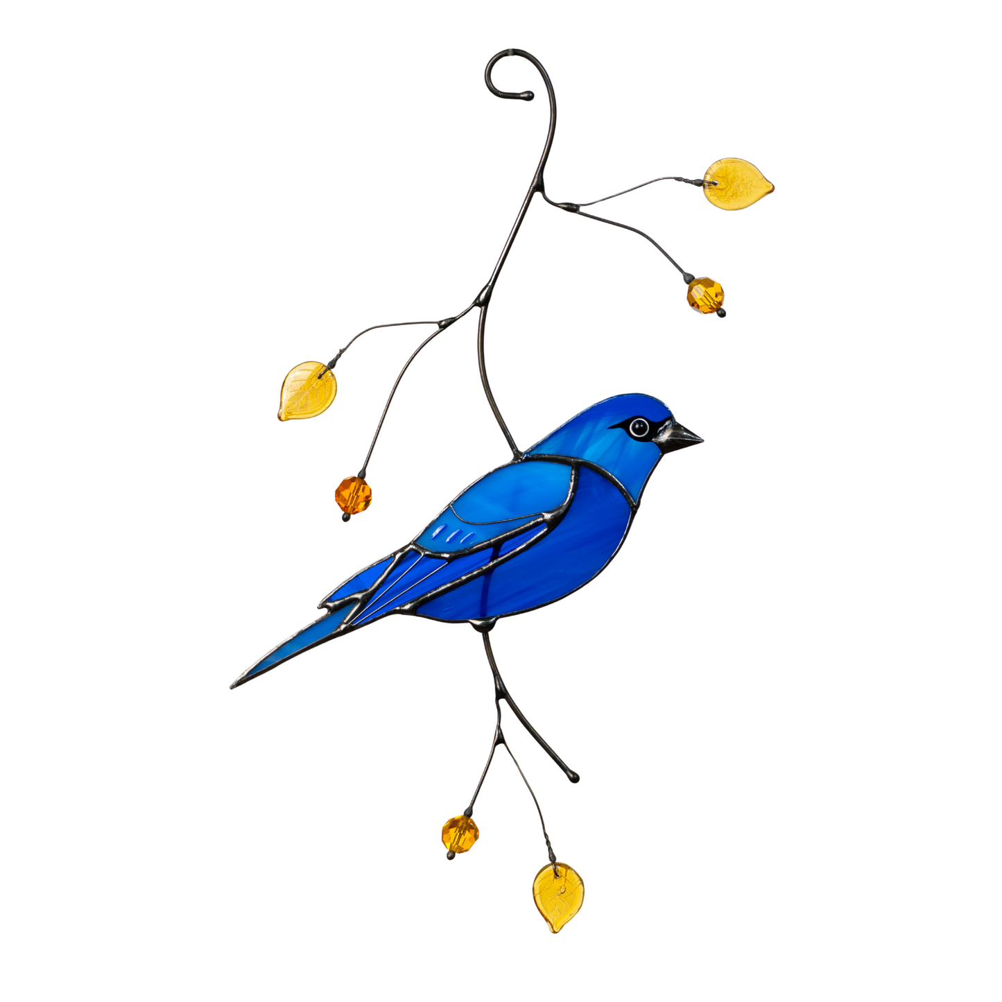 Stained glass indigo bunting bird hanging, representing brightness, beauty, and clarity.