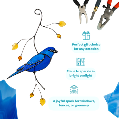 Infographic showing blue stained glass indigo bunting bird with message about gifting, sun sparkle, and versatile hanging options.