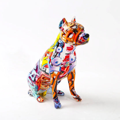 ArtZ® Staffordshire Terrier Graffiti Painted Statue Graffiti Dog Sculptures Orange Cropped Ears