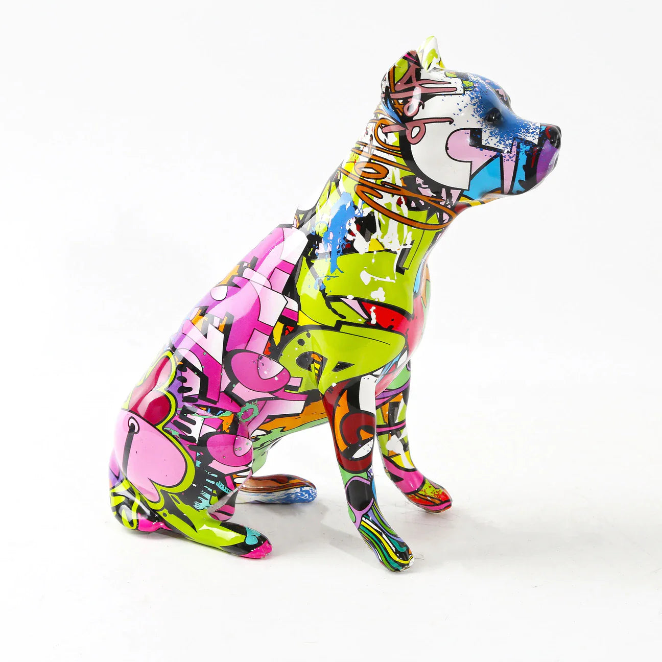ArtZ® Staffordshire Terrier Graffiti Painted Statue Graffiti Dog Sculptures Purple Cropped Ears