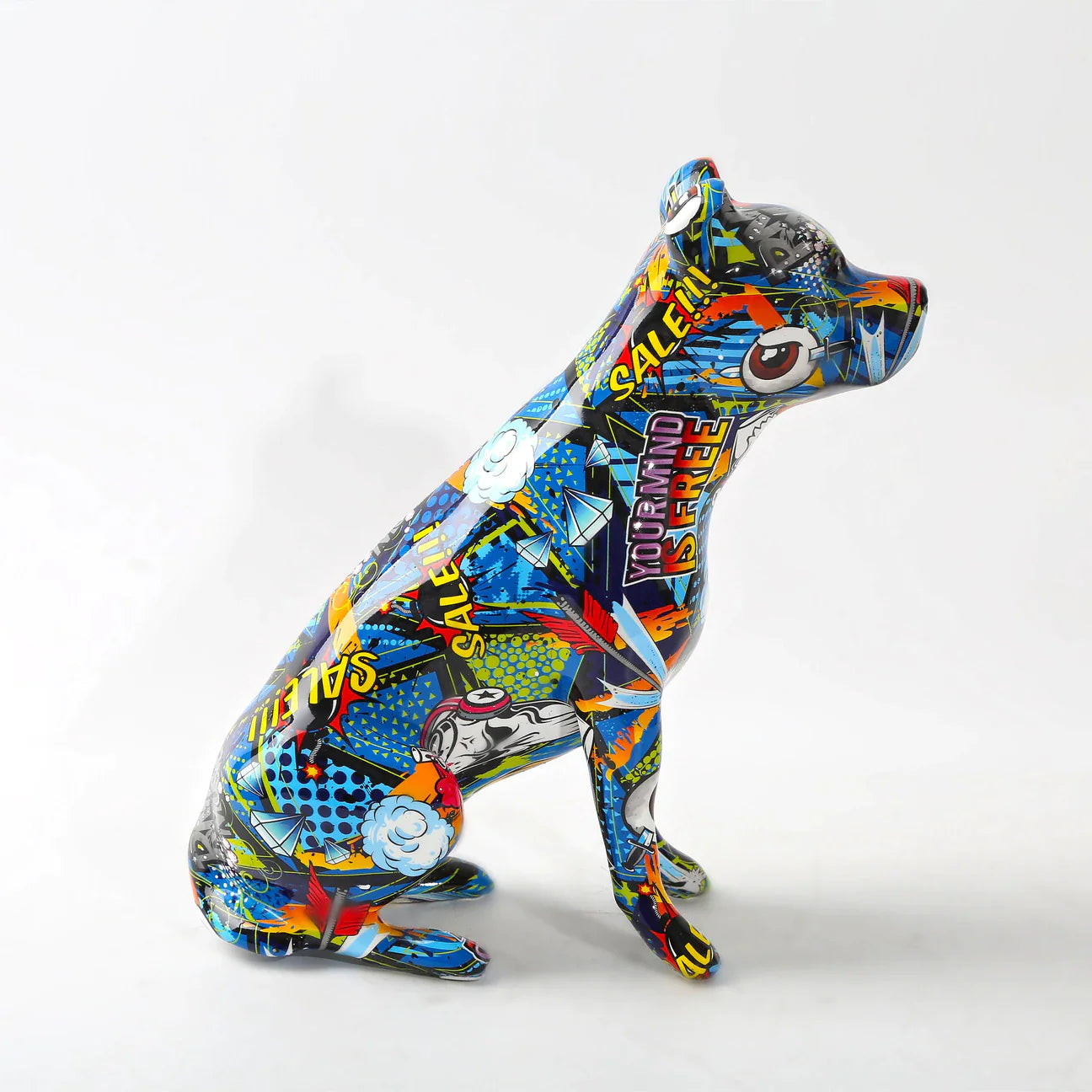 ArtZ® Staffordshire Terrier Graffiti Painted Statue Graffiti Dog Sculptures Blue Normal Ears