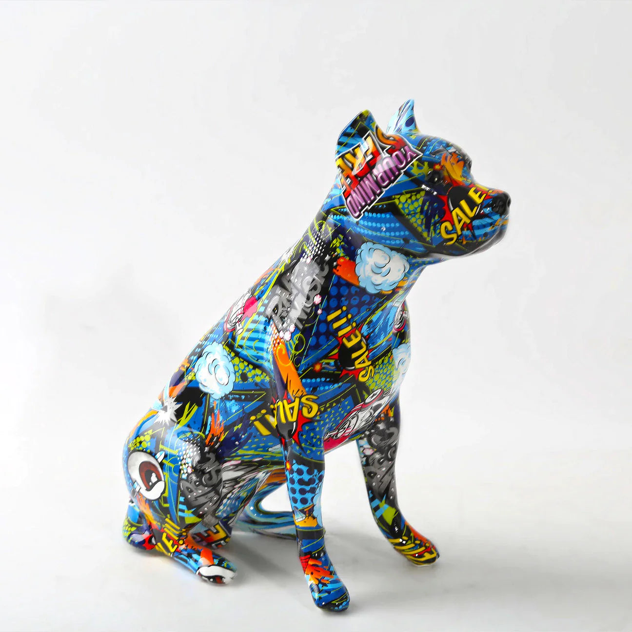 ArtZ® Staffordshire Terrier Graffiti Painted Statue Graffiti Dog Sculptures Blue Cropped Ears