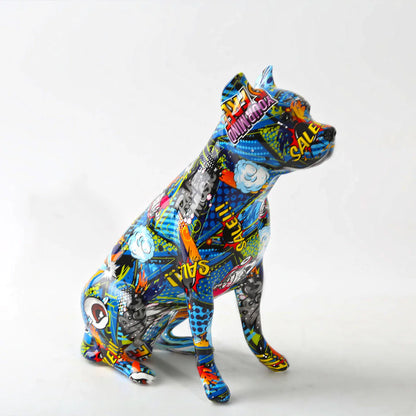 ArtZ® Staffordshire Terrier Graffiti Painted Statue Graffiti Dog Sculptures Blue Cropped Ears