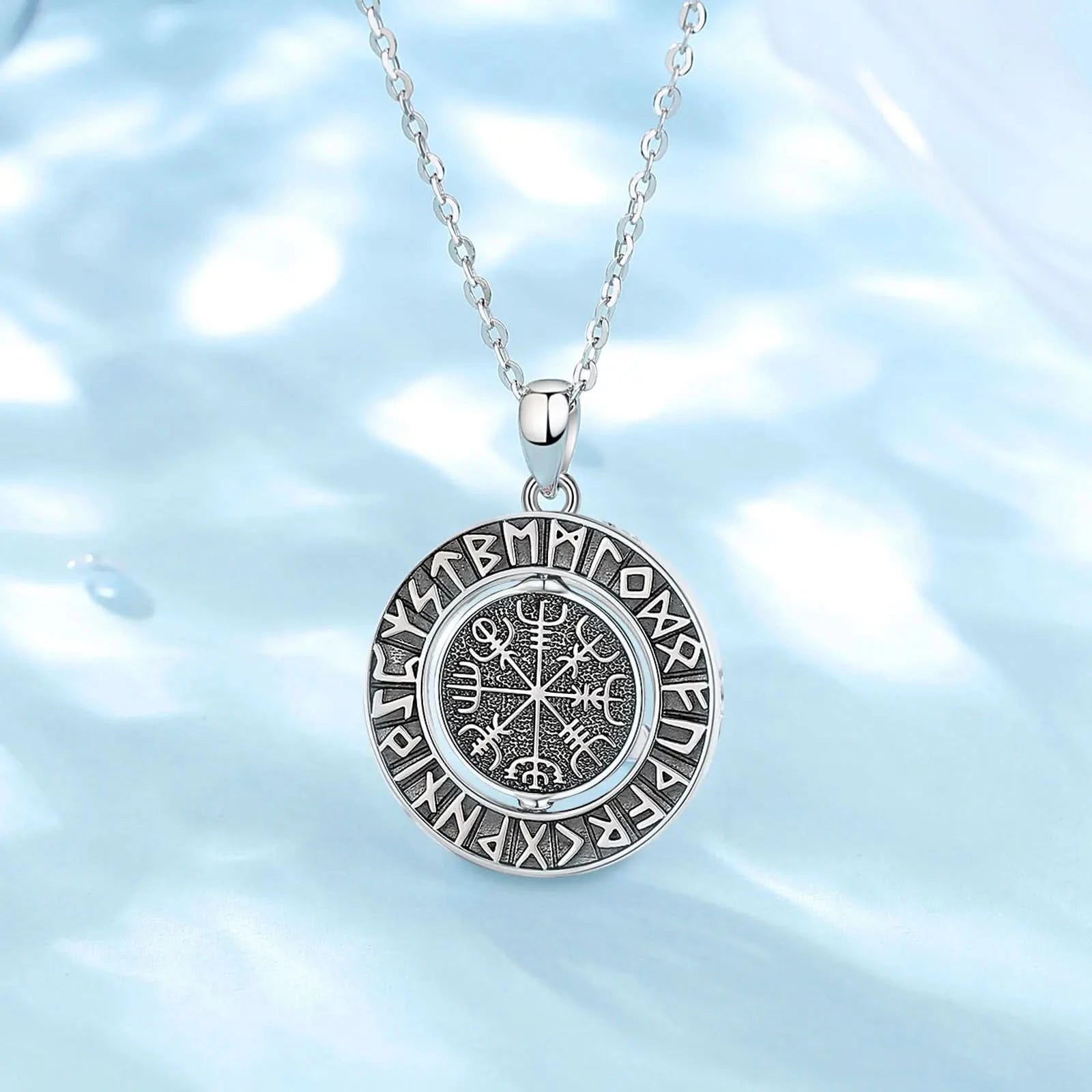 Rotating Valknut and Vegvisir 925 Sterling Silver Necklace