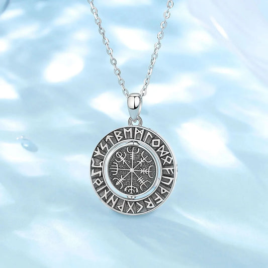 Rotating Valknut and Vegvisir 925 Sterling Silver Necklace