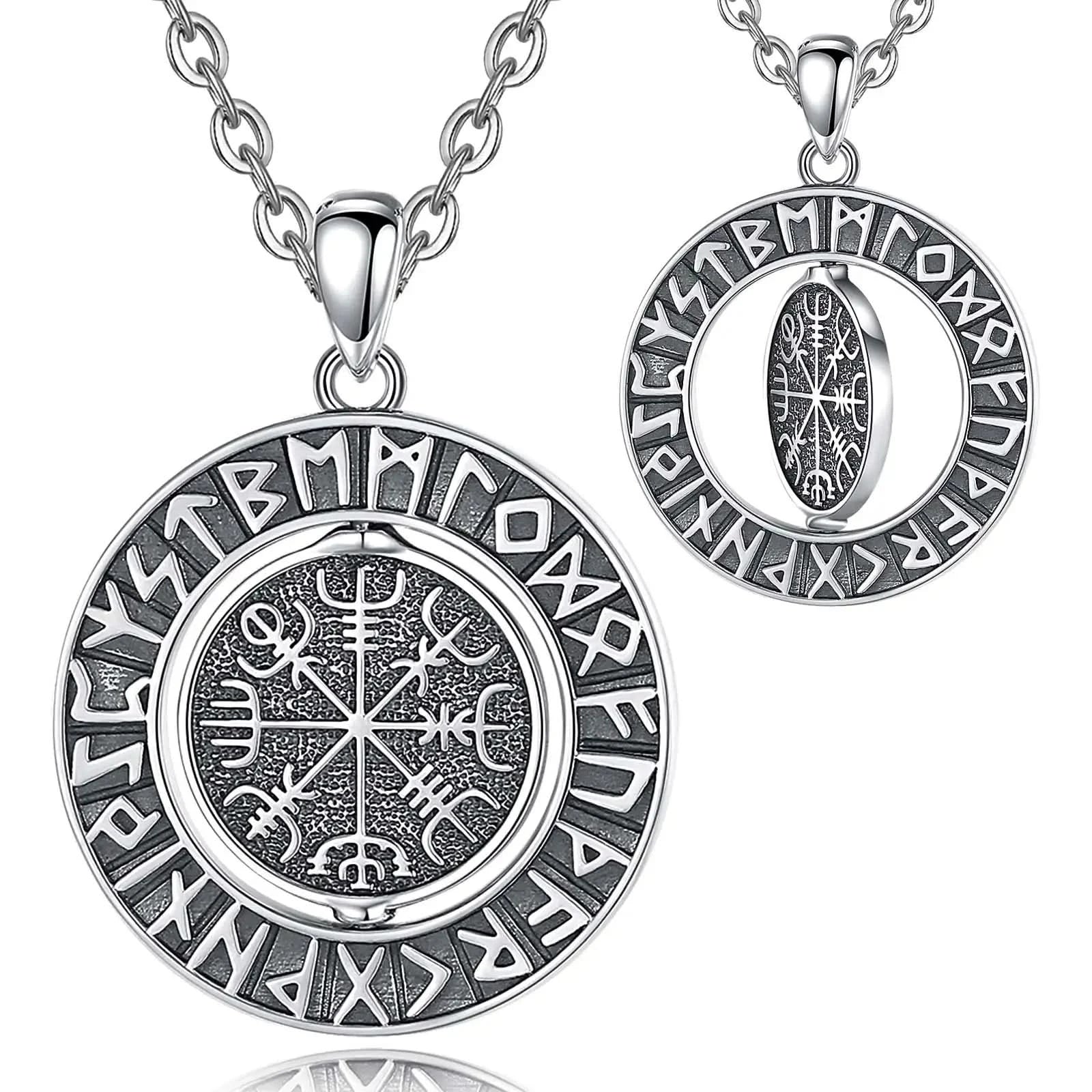 Rotating Valknut and Vegvisir 925 Sterling Silver Necklace