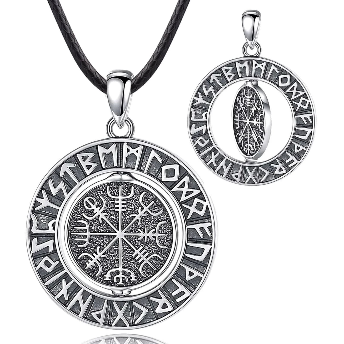 Rotating Valknut and Vegvisir 925 Sterling Silver Necklace
